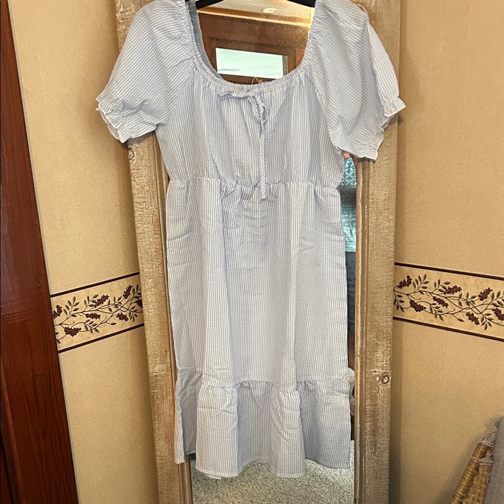 Blue Striped Women’s Puff Sleeve Dress.
